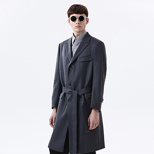 灰色提花系帶大衣