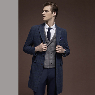 灰藍(lán)色格紋全羊毛休閑大衣