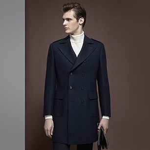 藏藍(lán)色素色雙排扣大衣